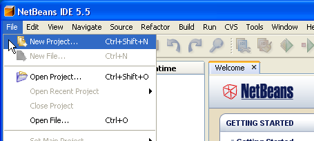 NetBeans IDE with the File > New Project menu item selected.