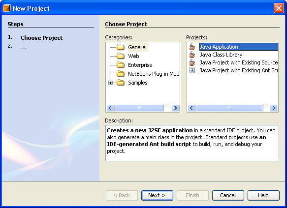 NetBeans IDE, New Project wizard, Choose Project page.