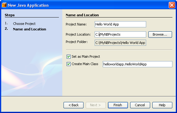 NetBeans IDE, New Project wizard, Name and Location page.
