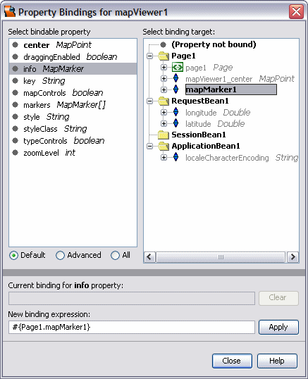 Figure 8: Binding the mapViewer1 info property to mapMarker1