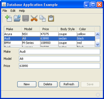 screenshot of a running desktop database application created with the help of beans binding and Swing Application Frameword support